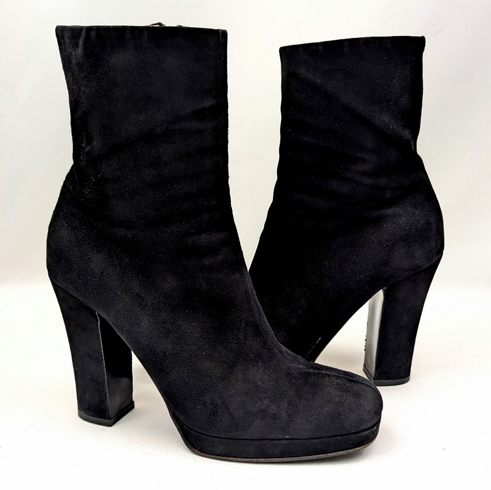 Miu Miu Suede Boots Square Toe High Block Platform Heel Side Zip Black size 39.5